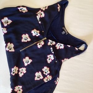 Navy flower zip up tank top
